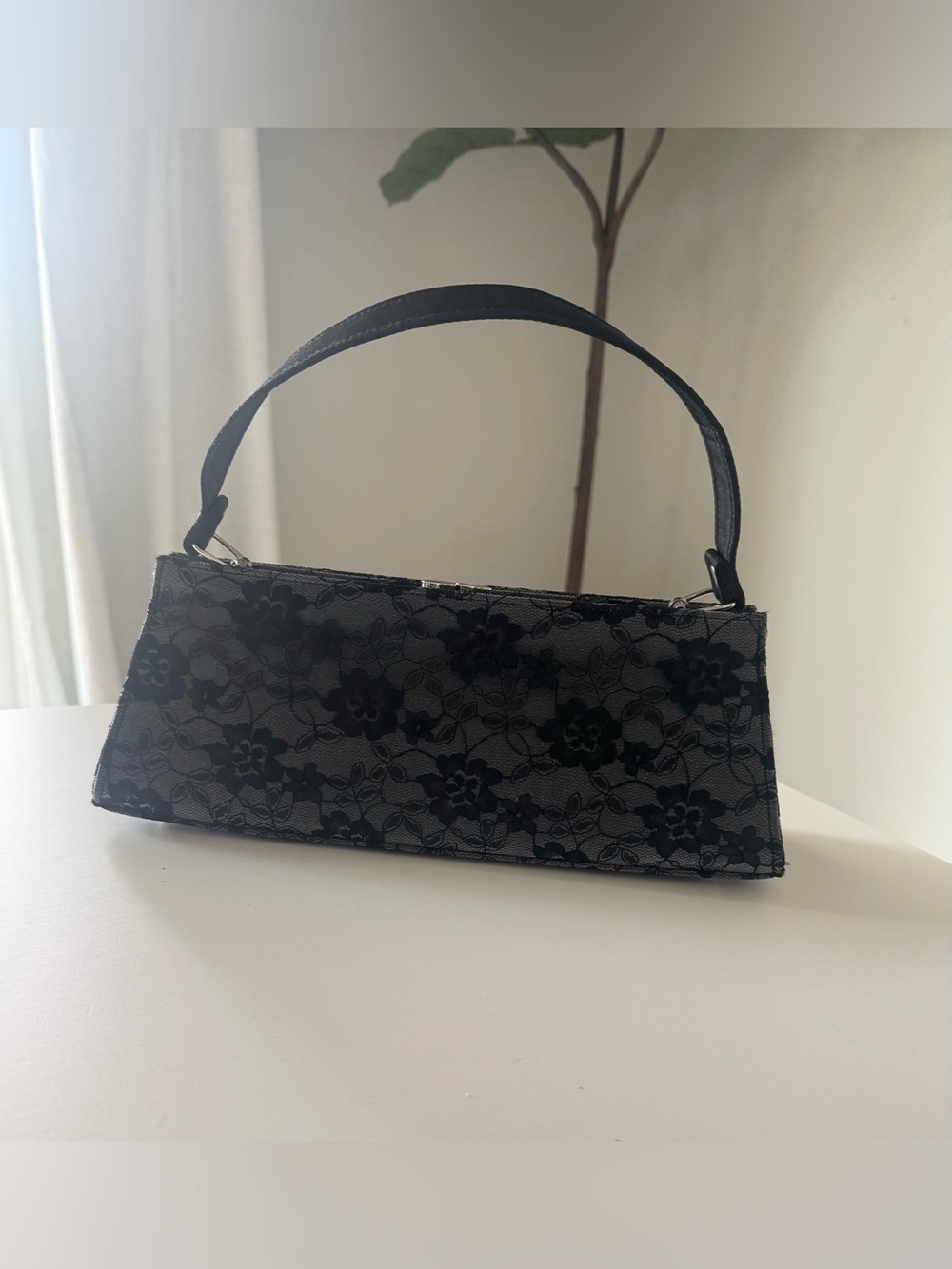 Vintage 90s Style Black Floral Lace Baguette Bag Whimsigoth Vampy 🖤